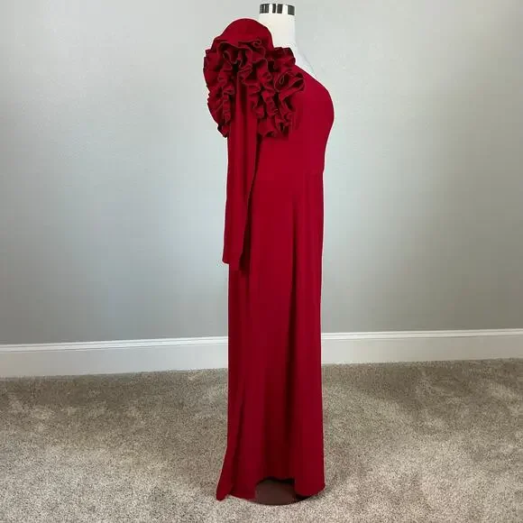 XSCAPE One Shoulder Long Sleeve Evening Gown Colorful Red Size 12P Formal Dress - Picture 3 of 12
